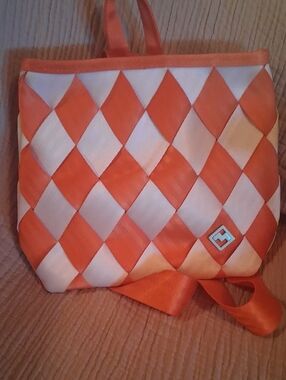 Orange and White Diamond-Weave Tote Bag